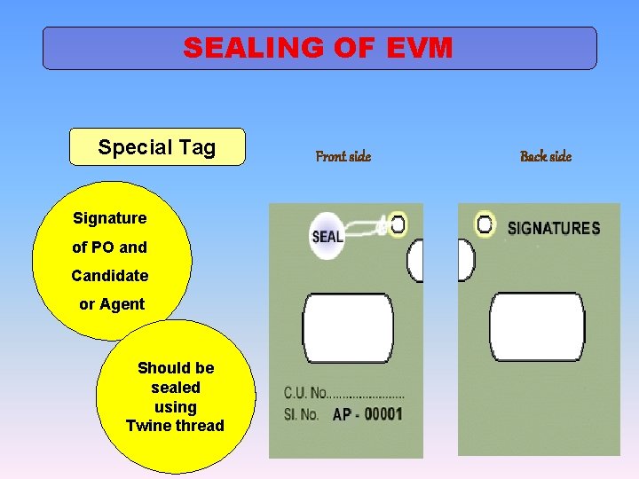 SEALING OF EVM Special Tag Signature of PO and Candidate or Agent Should be