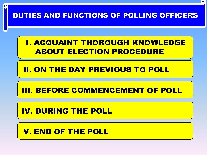 DUTIES AND FUNCTIONS OF POLLING OFFICERS I. ACQUAINT THOROUGH KNOWLEDGE ABOUT ELECTION PROCEDURE II.