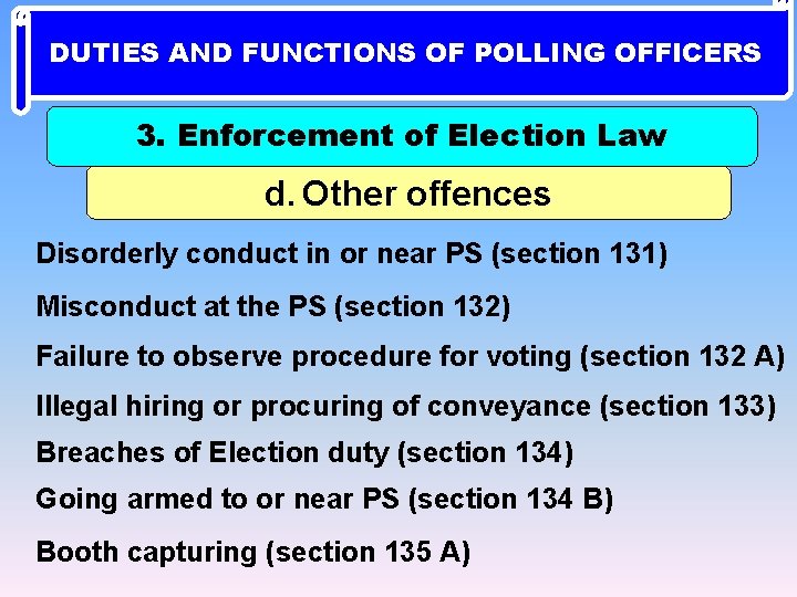 DUTIES AND FUNCTIONS OF POLLING OFFICERS 3. Enforcement of Election Law d. Other offences