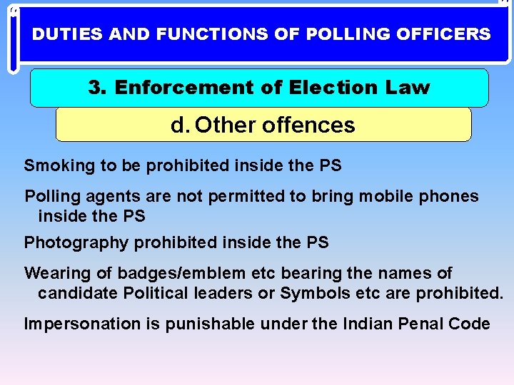 DUTIES AND FUNCTIONS OF POLLING OFFICERS 3. Enforcement of Election Law d. Other offences