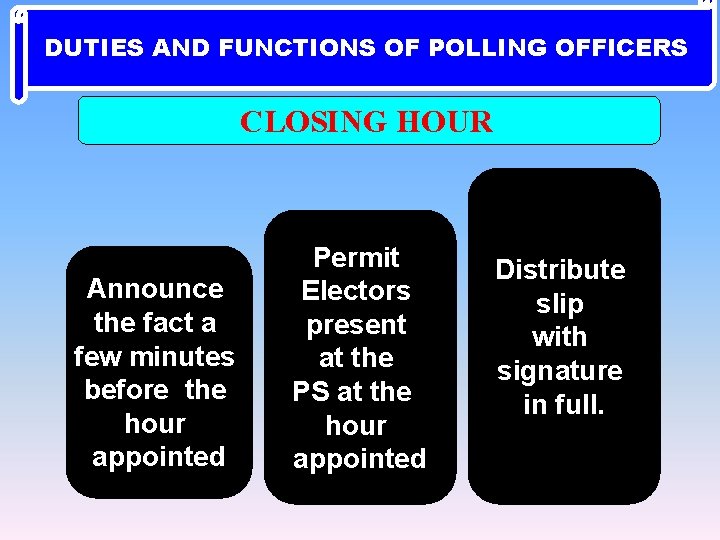 DUTIES AND FUNCTIONS OF POLLING OFFICERS CLOSING HOUR Announce the fact a few minutes
