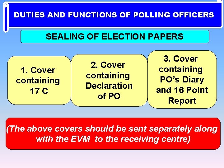 DUTIES AND FUNCTIONS OF POLLING OFFICERS SEALING OF ELECTION PAPERS 1. Cover containing 17
