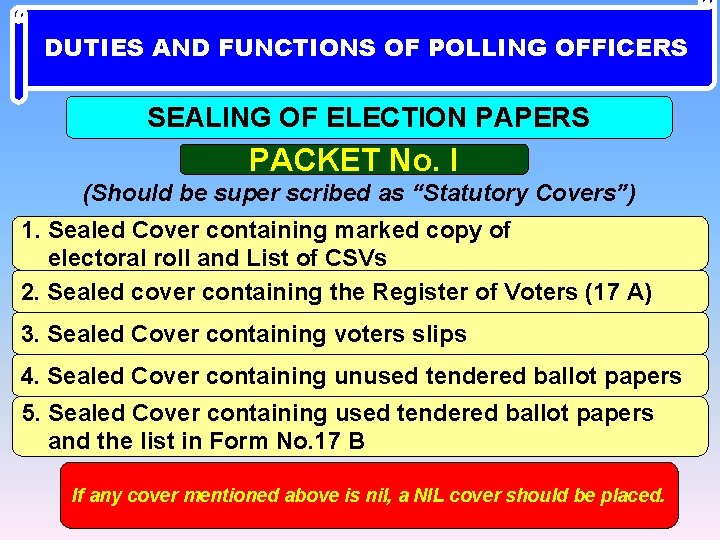 DUTIES AND FUNCTIONS OF POLLING OFFICERS SEALING OF ELECTION PAPERS PACKET No. I (Should