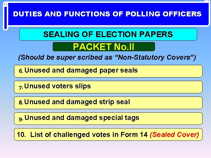 DUTIES AND FUNCTIONS OF POLLING OFFICERS SEALING OF ELECTION PAPERS PACKET No. II (Should