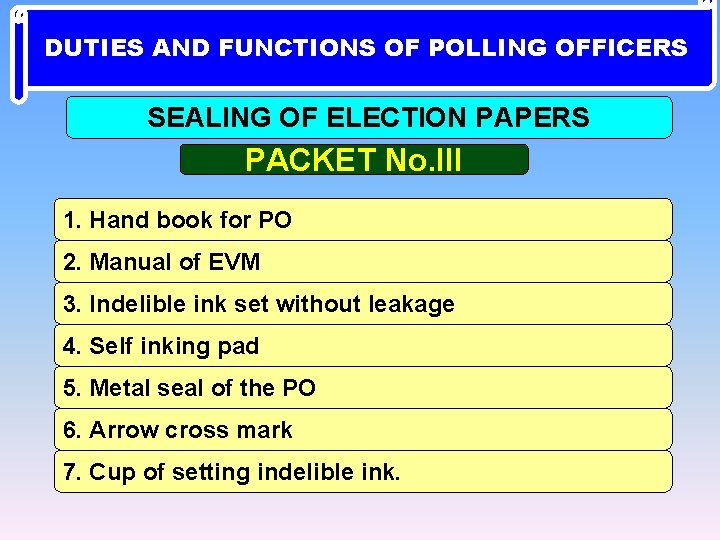 DUTIES AND FUNCTIONS OF POLLING OFFICERS SEALING OF ELECTION PAPERS PACKET No. III 1.