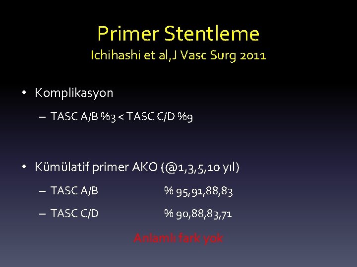 Primer Stentleme Ichihashi et al, J Vasc Surg 2011 • Komplikasyon – TASC A/B