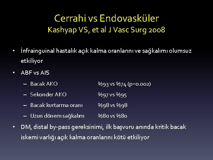 Cerrahi vs Endovasküler Kashyap VS, et al J Vasc Surg 2008 • İnfrainguinal hastalık