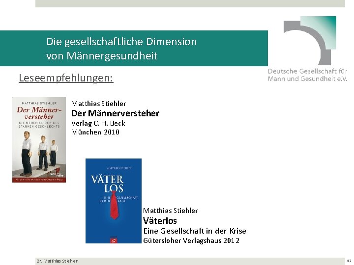 Die gesellschaftliche Dimension von Männergesundheit Leseempfehlungen: Matthias Stiehler Der Männerversteher Verlag C. H. Beck