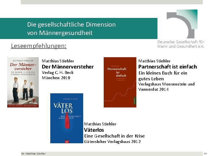 Die gesellschaftliche Dimension von Männergesundheit Leseempfehlungen: Matthias Stiehler Verlag C. H. Beck München 2010