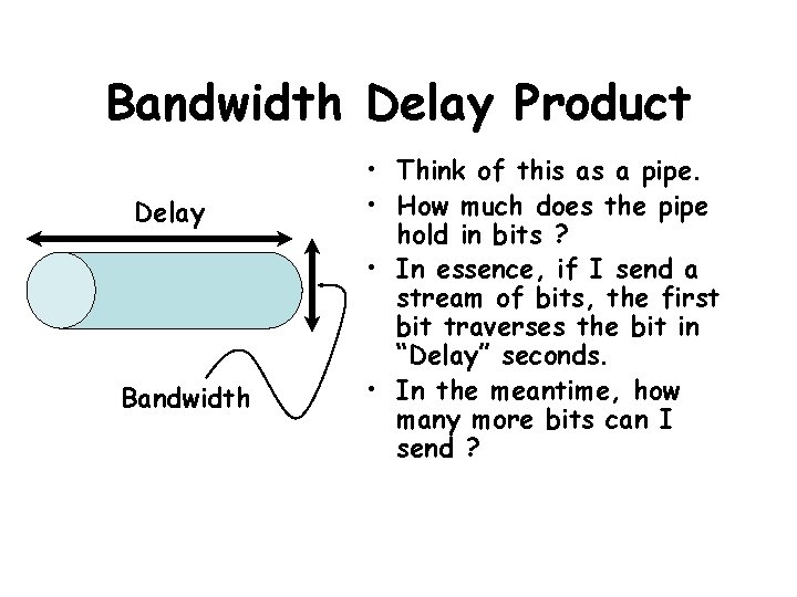 Bandwidth Delay Product Delay Bandwidth • Think of this as a pipe. • How