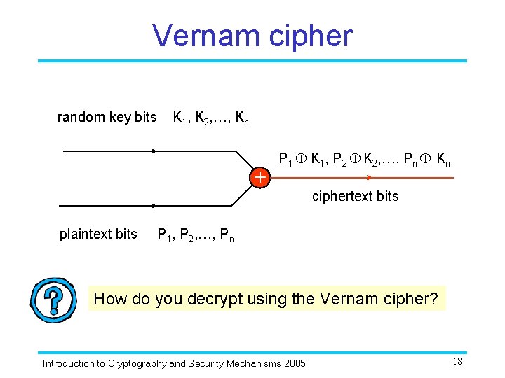 Vernam cipher random key bits K 1, K 2, …, Kn + plaintext bits