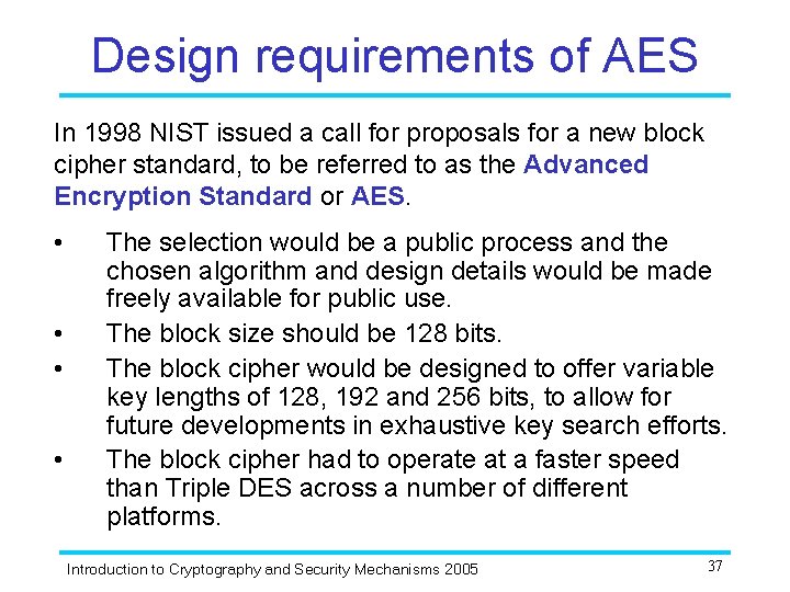 Design requirements of AES In 1998 NIST issued a call for proposals for a
