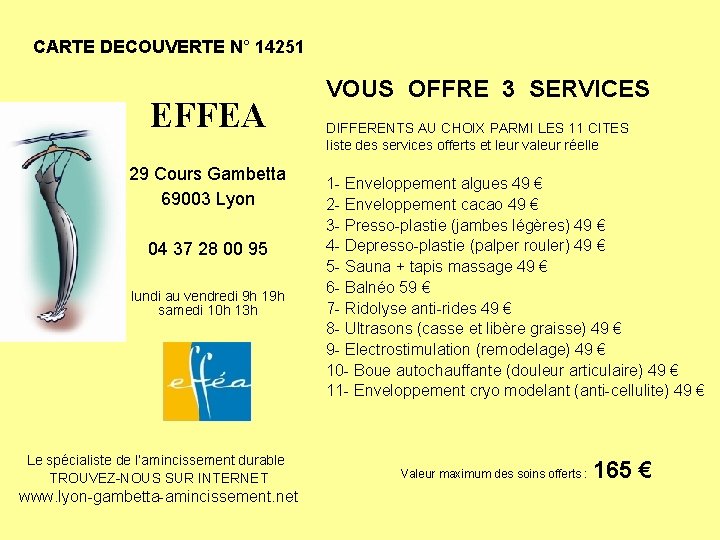 CARTE DECOUVERTE N° 14251 EFFEA 29 Cours Gambetta 69003 Lyon 04 37 28 00