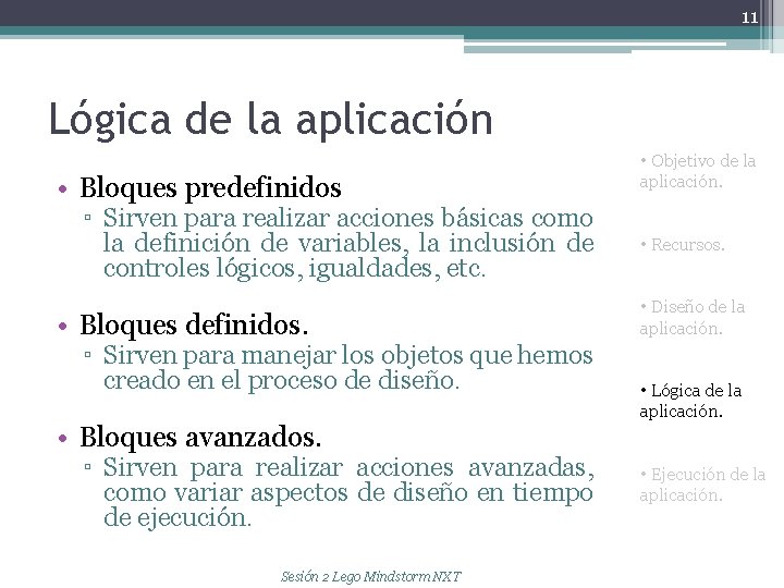 11 Lógica de la aplicación • Bloques predefinidos ▫ Sirven para realizar acciones básicas
