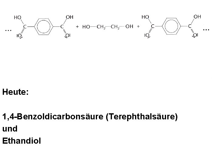Heute: 1, 4 -Benzoldicarbonsäure (Terephthalsäure) und Ethandiol Heute: 1, 4 -Benzoldicarbonsäure (Terephthalsäure) und Ethandiol