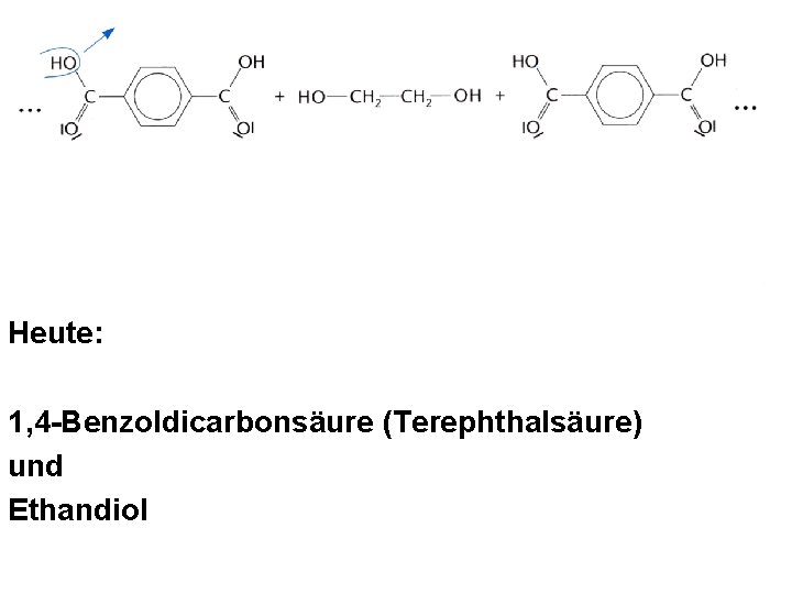 Heute: 1, 4 -Benzoldicarbonsäure (Terephthalsäure) und Ethandiol Heute: 1, 4 -Benzoldicarbonsäure (Terephthalsäure) und Ethandiol
