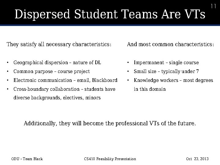 11 Dispersed Student Teams Are VTs 11 They satisfy all necessary characteristics: And most