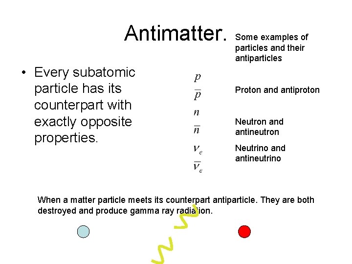 Antimatter. • Every subatomic particle has its counterpart with exactly opposite properties. Some examples