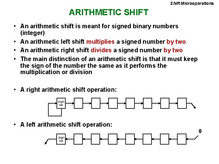 Shift Microoperations ARITHMETIC SHIFT • An arithmetic shift is meant for signed binary numbers
