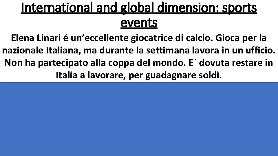 International and global dimension: sports events Elena Linari é un’eccellente giocatrice di calcio. Gioca