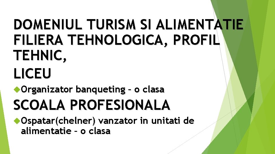 DOMENIUL TURISM SI ALIMENTATIE Plan de scolarizare 2015 -2015 FILIERA TEHNOLOGICA, PROFIL TEHNIC, LICEU