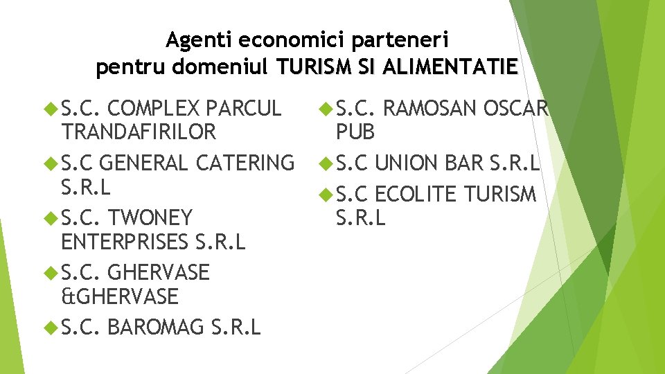Agenti economici parteneri pentru domeniul TURISM SI ALIMENTATIE S. C. COMPLEX PARCUL S. C.