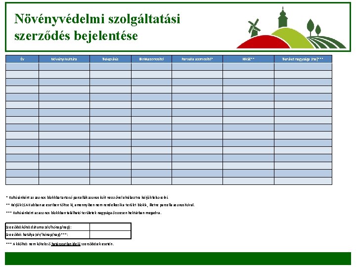 Növényvédelmi szolgáltatási szerződés bejelentése Év Növényi kultúra Település Blokkazonosító Parcella azonosító* HRSZ** Terület nagysága