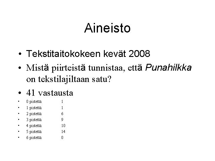 Aineisto • Tekstitaitokokeen kevät 2008 • Mistä piirteistä tunnistaa, että Punahilkka on tekstilajiltaan satu?