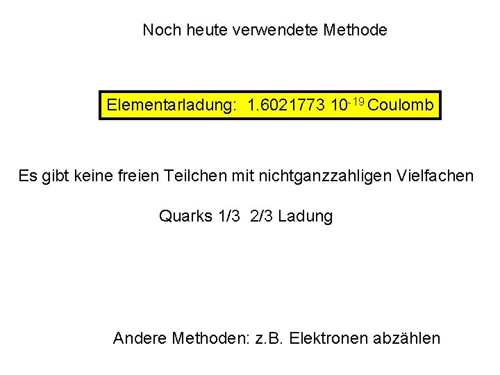 Noch heute verwendete Methode Elementarladung: 1. 6021773 10 -19 Coulomb Es gibt keine freien