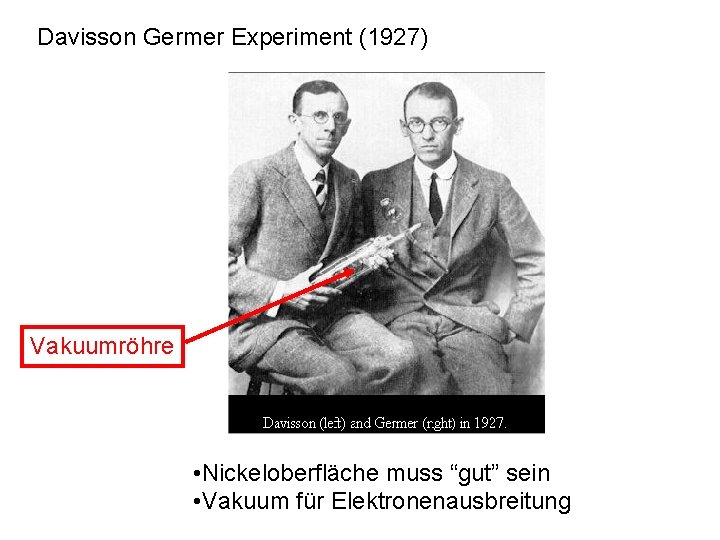 Davisson Germer Experiment (1927) Vakuumröhre • Nickeloberfläche muss “gut” sein • Vakuum für Elektronenausbreitung