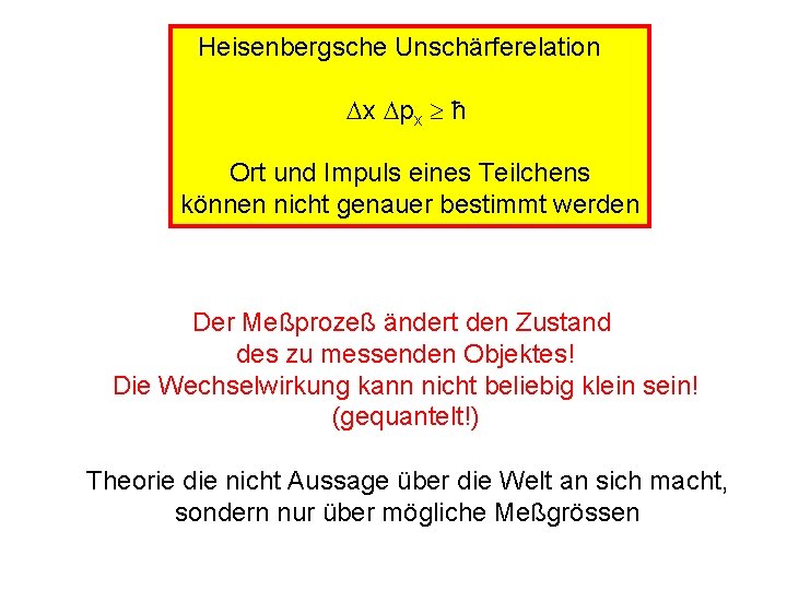 Heisenbergsche Unschärferelation x px ħ Ort und Impuls eines Teilchens können nicht genauer bestimmt