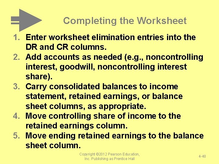 Completing the Worksheet 1. Enter worksheet elimination entries into the DR and CR columns. Completing the Worksheet 1. Enter worksheet elimination entries into the DR and CR columns.