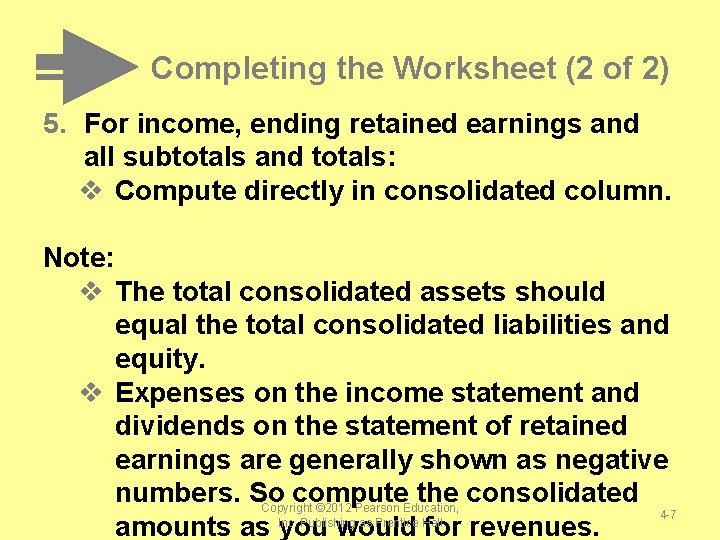 Completing the Worksheet (2 of 2) 5. For income, ending retained earnings and all Completing the Worksheet (2 of 2) 5. For income, ending retained earnings and all