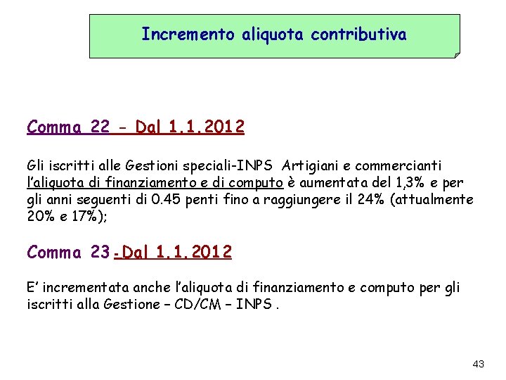 Incremento aliquota contributiva Comma 22 - Dal 1. 1. 2012 Gli iscritti alle Gestioni