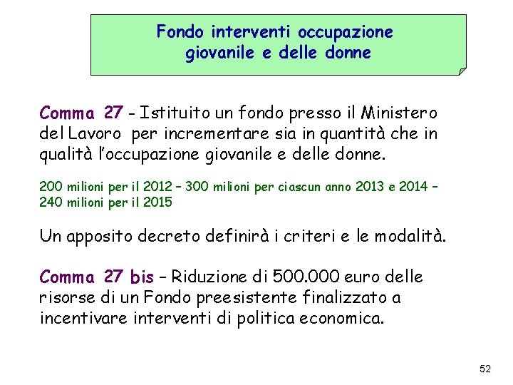 Fondo interventi occupazione giovanile e delle donne Comma 27 - Istituito un fondo presso