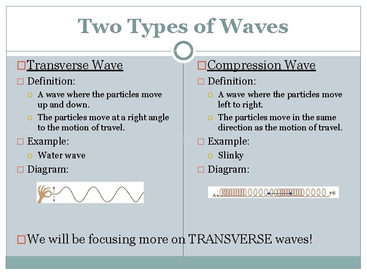 Two Types of Waves �Transverse Wave �Compression Wave � Definition: A wave where the
