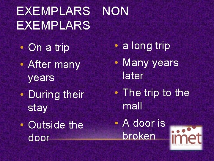 EXEMPLARS NON EXEMPLARS • On a trip • a long trip • After many