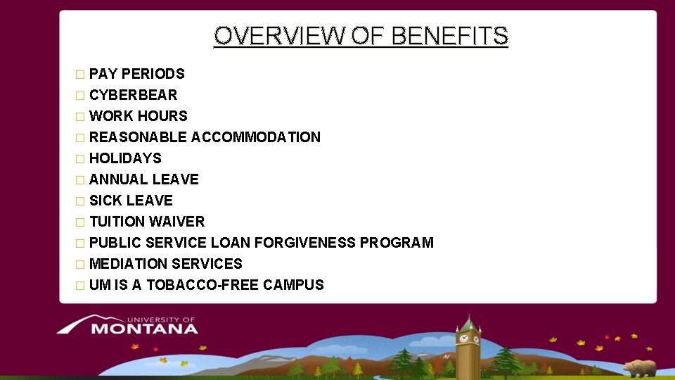 OVERVIEW OF BENEFITS � PAY PERIODS � CYBERBEAR � WORK HOURS � REASONABLE ACCOMMODATION OVERVIEW OF BENEFITS � PAY PERIODS � CYBERBEAR � WORK HOURS � REASONABLE ACCOMMODATION