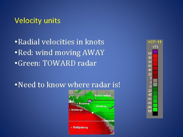 Velocity units • Radial velocities in knots • Red: wind moving AWAY • Green: