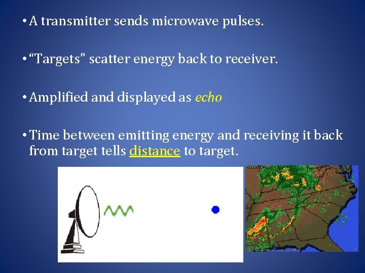  • A transmitter sends microwave pulses. • “Targets” scatter energy back to receiver.