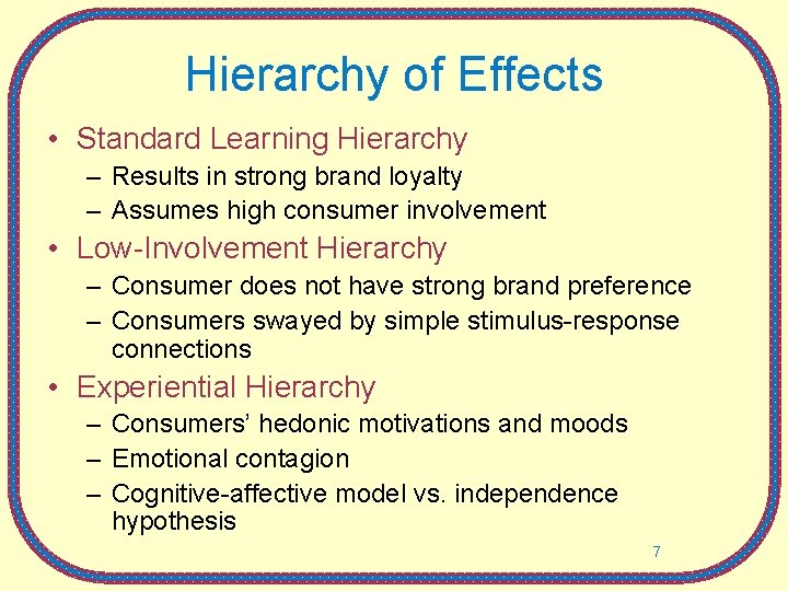 Hierarchy of Effects • Standard Learning Hierarchy – Results in strong brand loyalty –