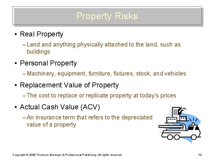 Property Risks • Real Property – Land anything physically attached to the land, such