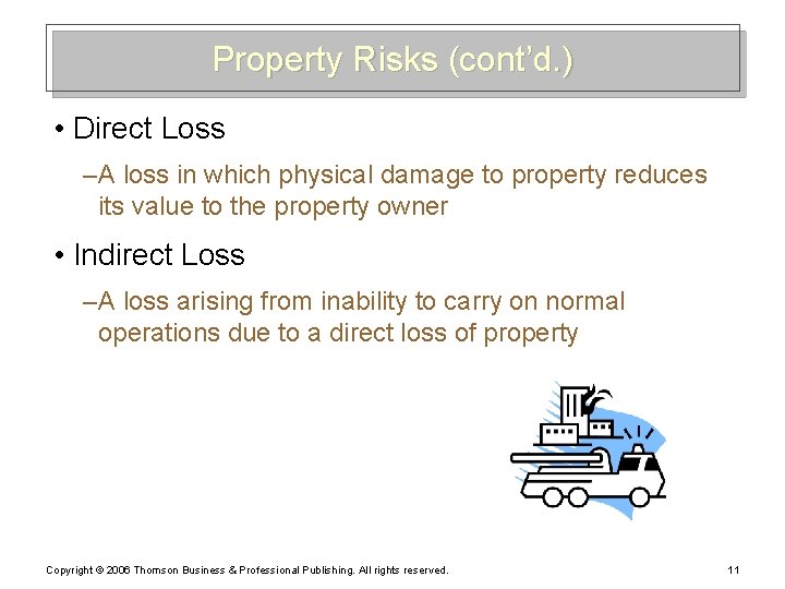 Property Risks (cont’d. ) • Direct Loss – A loss in which physical damage