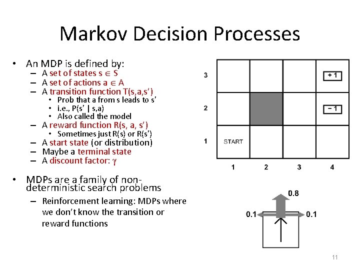 Markov Decision Processes • An MDP is defined by: – A set of states