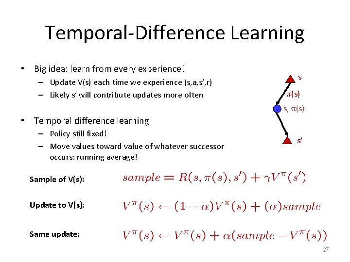 Temporal-Difference Learning • Big idea: learn from every experience! – Update V(s) each time