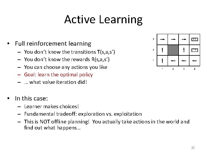 Active Learning • Full reinforcement learning – – – You don’t know the transitions