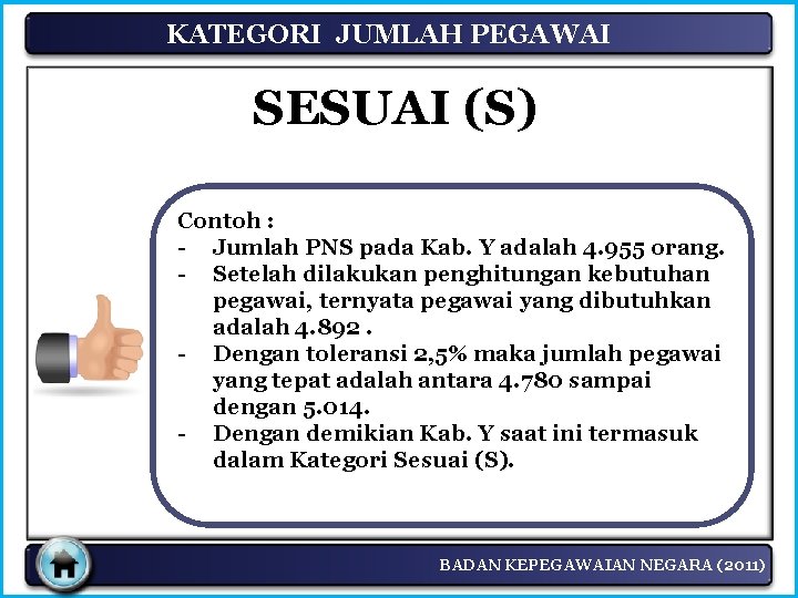 KATEGORI JUMLAH PEGAWAI SESUAI (S) Contoh : - Jumlah PNS pada Kab. Y adalah