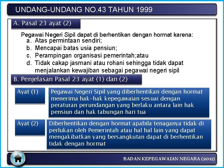 UNDANG-UNDANG NO. 43 TAHUN 1999 A. Pasal 23 ayat (2) Pegawai Negeri Sipil dapat