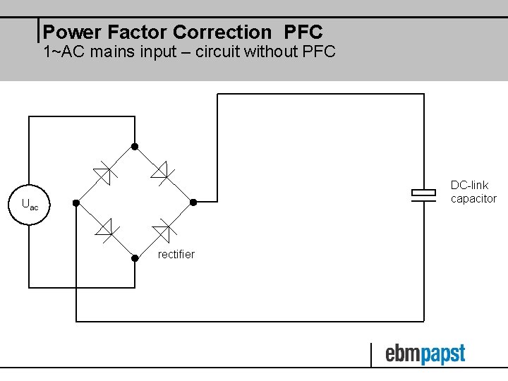 Power Factor Correction PFC 1~AC mains input – circuit without PFC DC-link capacitor Uac