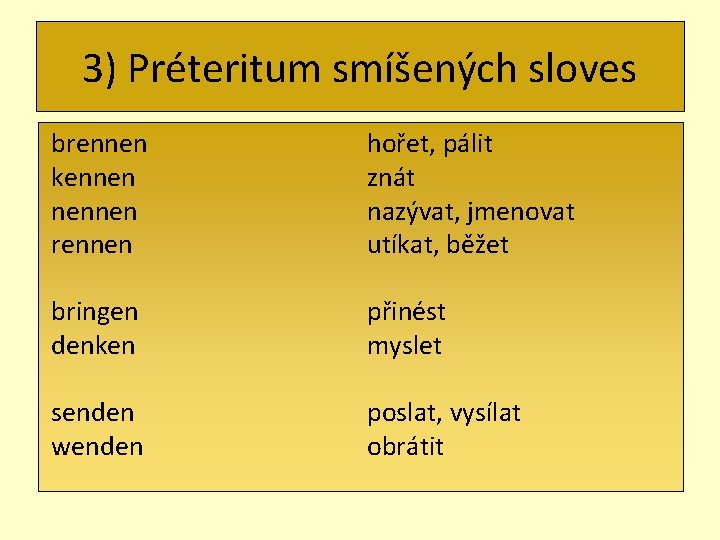 3) Préteritum smíšených sloves brennen kennen nennen rennen hořet, pálit znát nazývat, jmenovat utíkat,